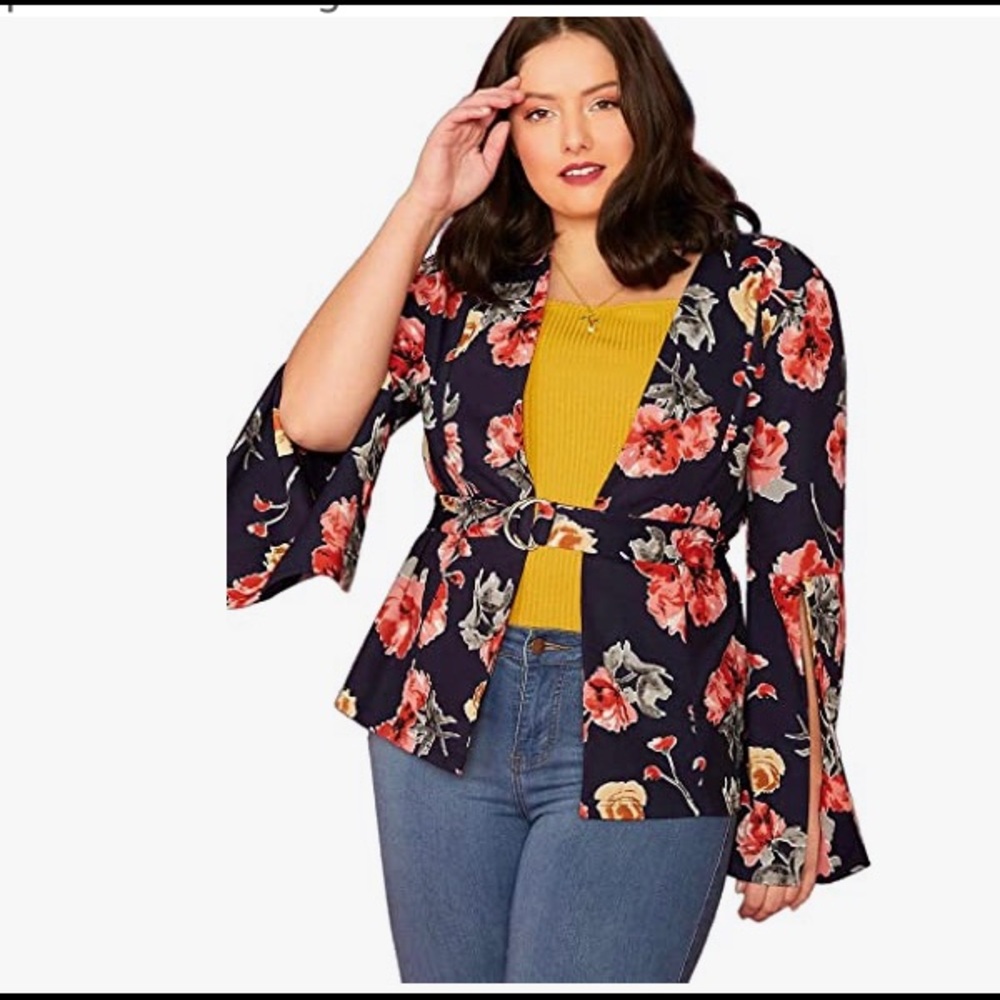 🔥Plus Size Floral Print Split Long Sleeve Open Front D-Ring Belted Blazer Coat